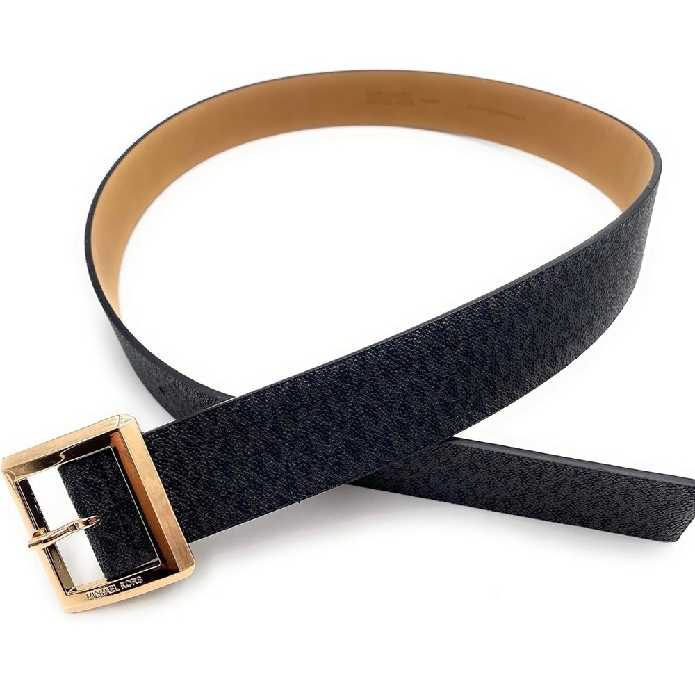 Women's MICHAEL KORS MK Logo‎ Signature BROWN Belt Gold Buckle Size Medium